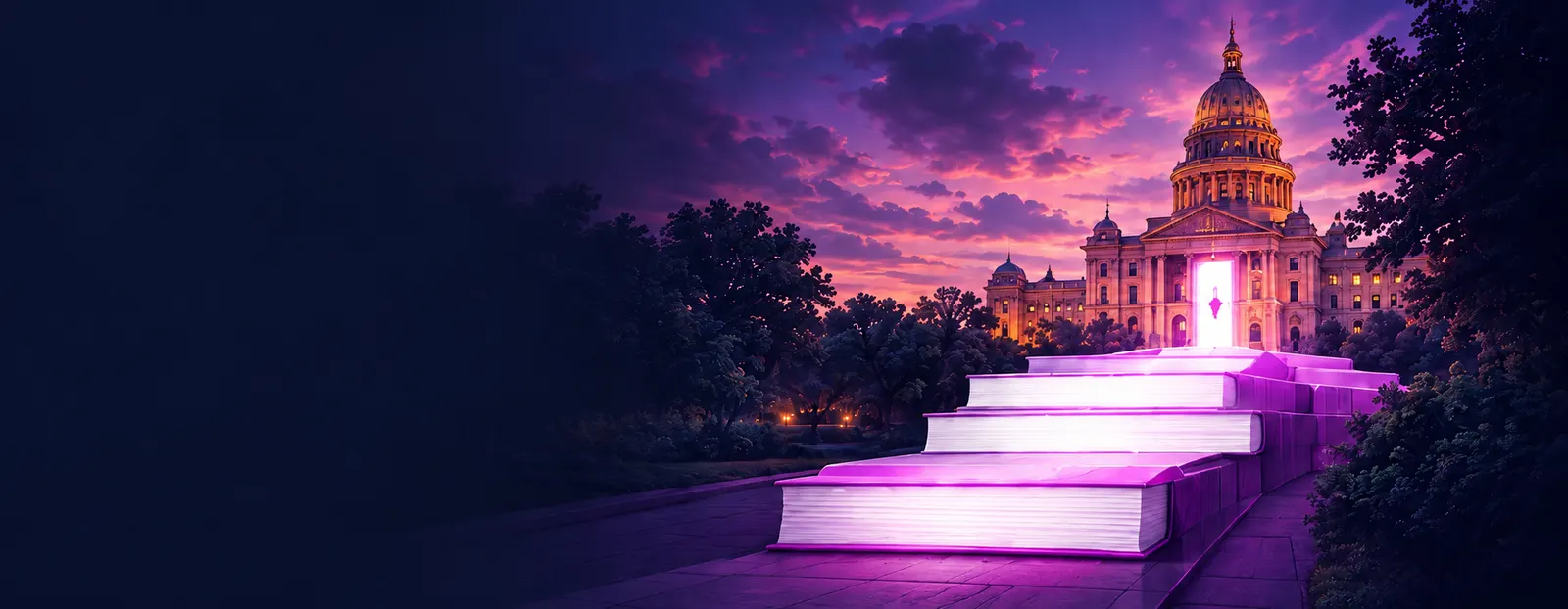 Illuminated book-page steps lead to the Texas State Capitol entrance.