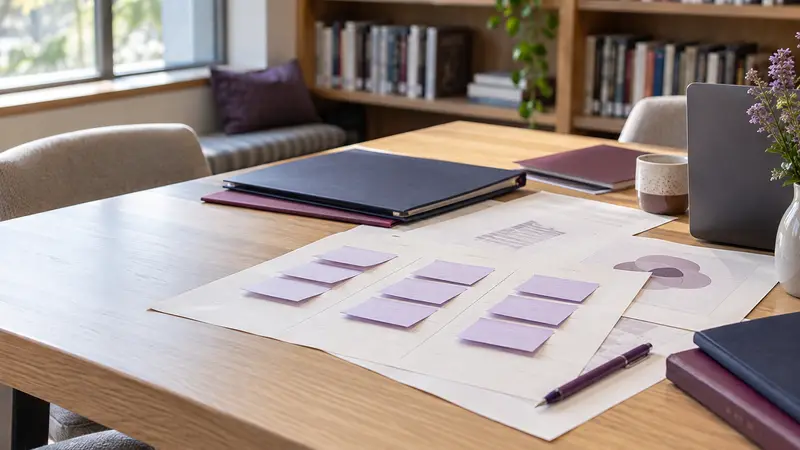 Program planning sheets, folders, and lavender notes arranged on a meeting table.